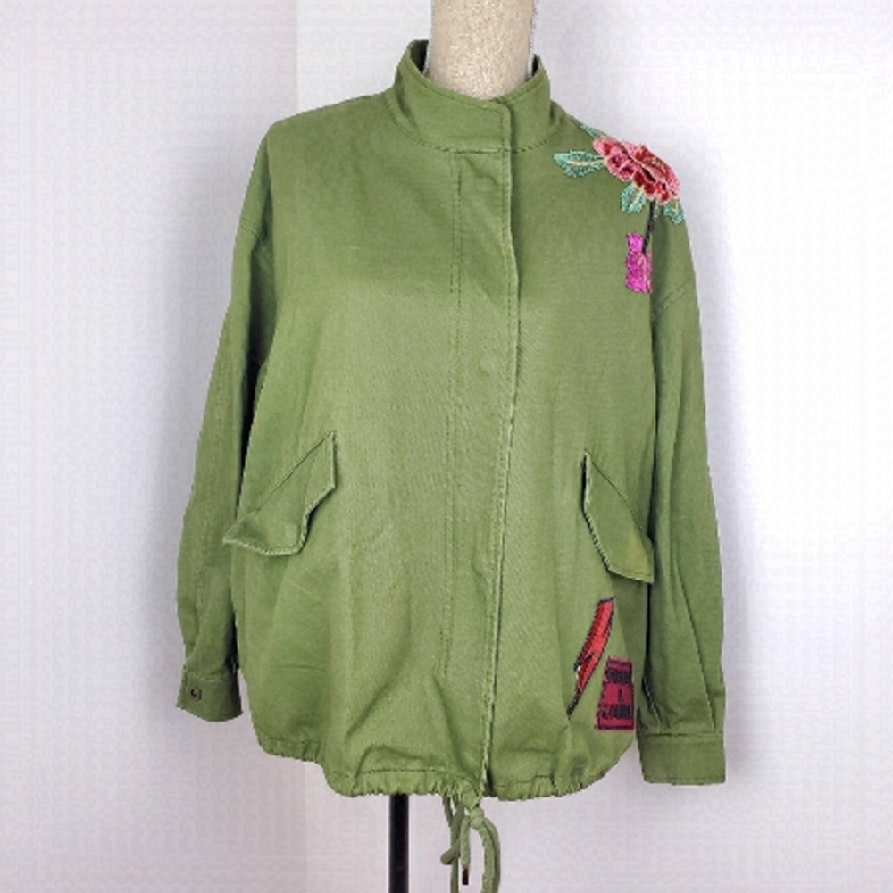 BASIC house women floral embroidred patch khaki green jacket size XS